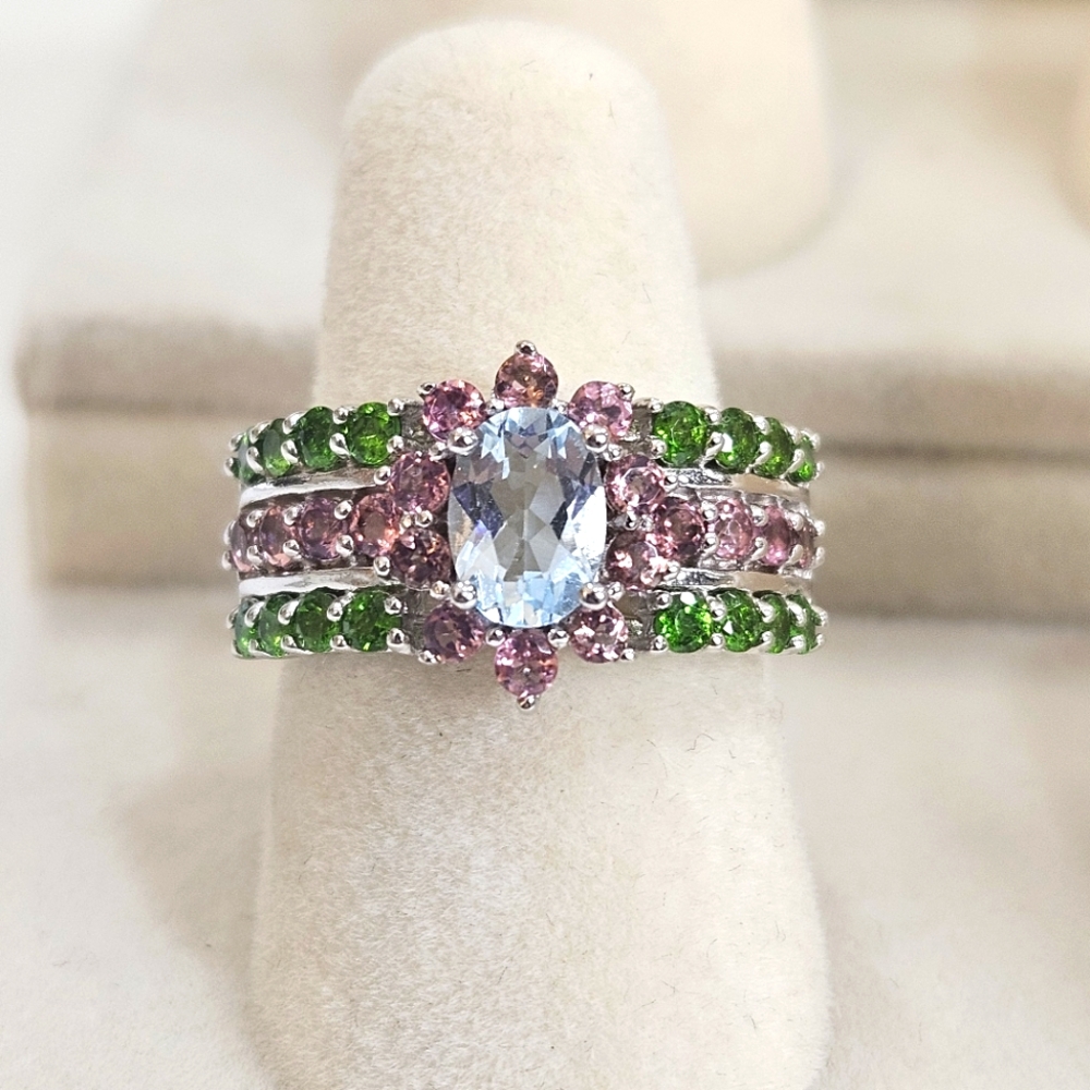 Sterling Silver Topaz Quartz & Diopside 925 Ring Size 6.25 US